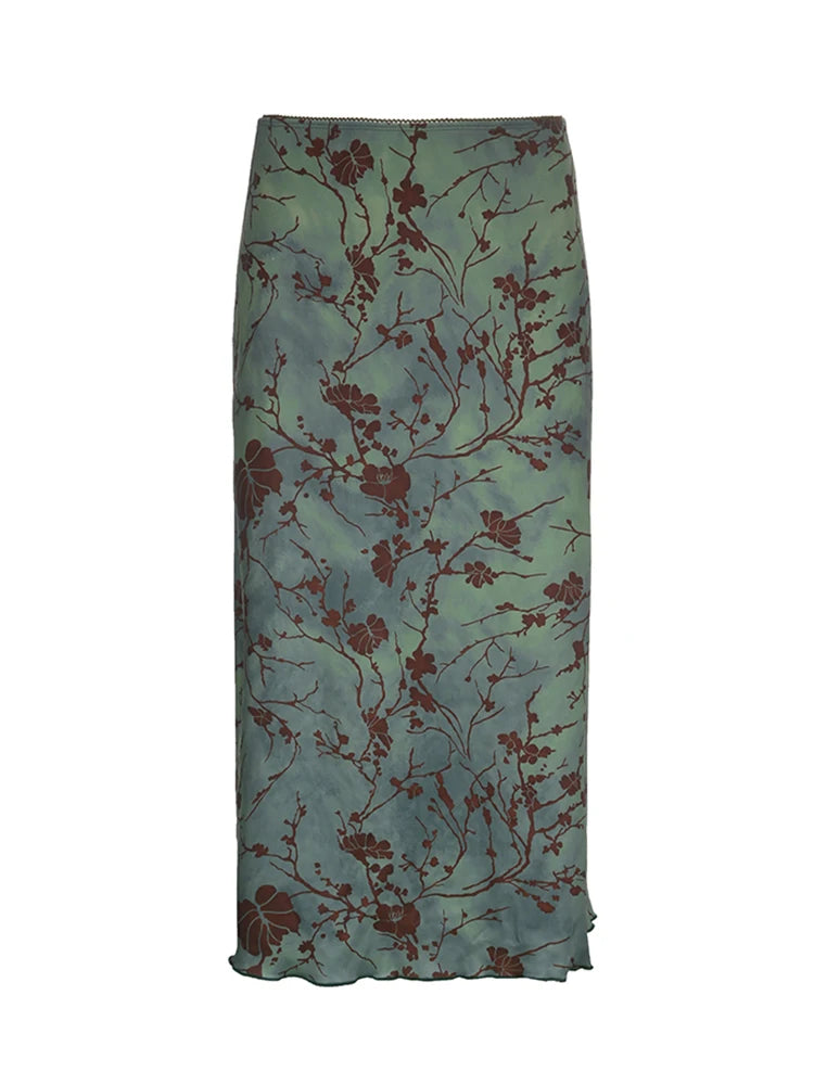 Retro Green Floral Print Y2K Long Skirts For Women Vintage Aesthetic Frills Hem Cute Preppy Outfits