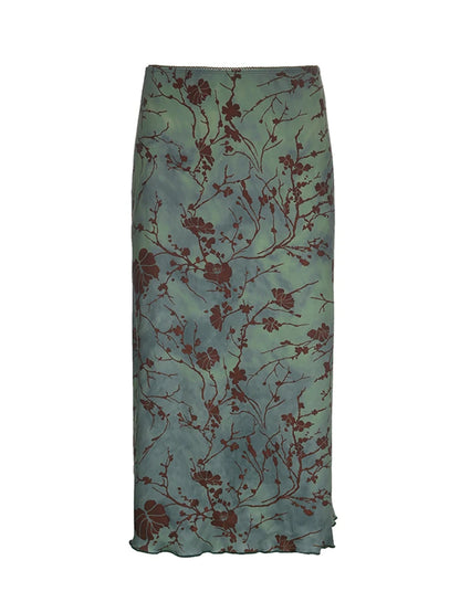 Retro Green Floral Print Y2K Long Skirts For Women Vintage Aesthetic Frills Hem Cute Preppy Outfits