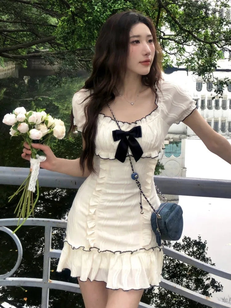 Y2K Ruffles Short Dresses for Women Slim Off Shoulder Puff Sleeve Birthday Party Dress Korean Fashion Summer New Vestidos Mujer