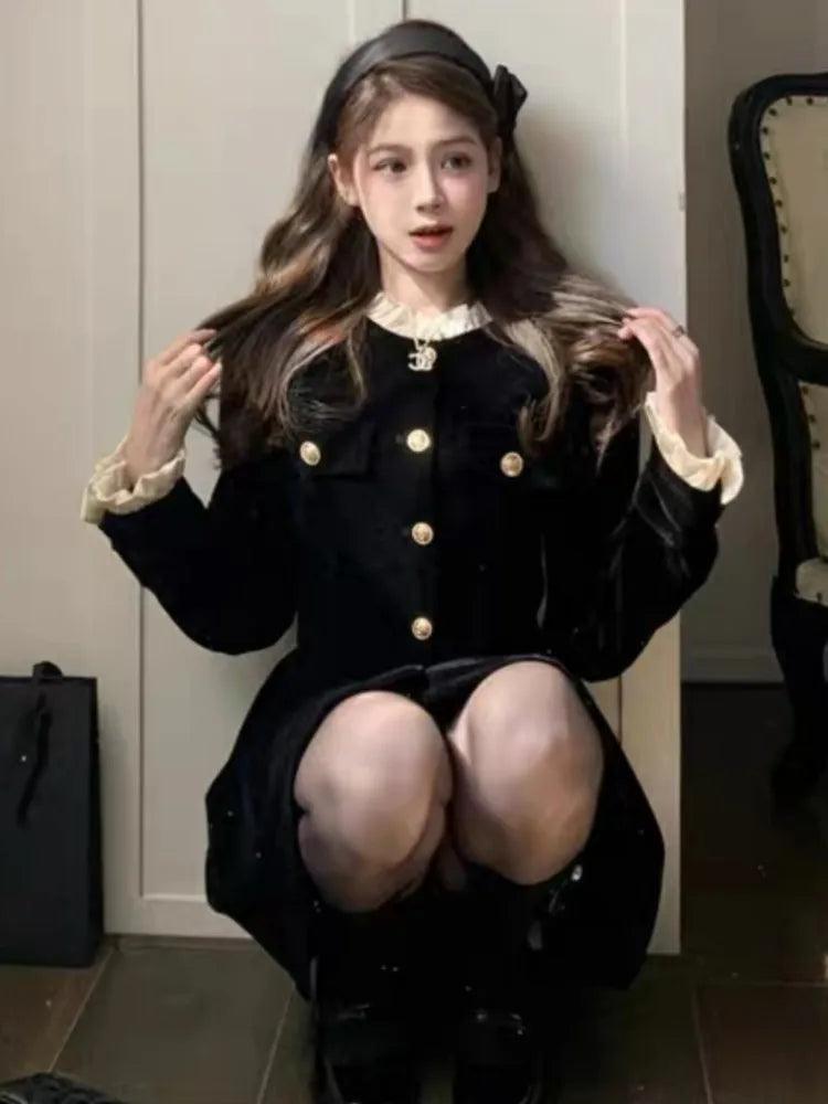 Autumn Black Velvet Dresses for Women Long Sleeve Single Breasted Evening Party Dress Korean Fashion A-line Vestido Mujer New