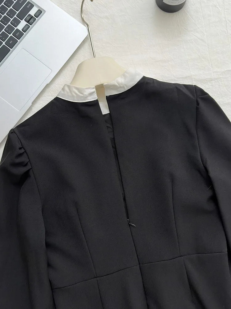 Elegant Evening Dresses for Women Patchwork O-neck Long Sleeves A-line Party Dress Korean Fashion French Retro Vestidos Mujer