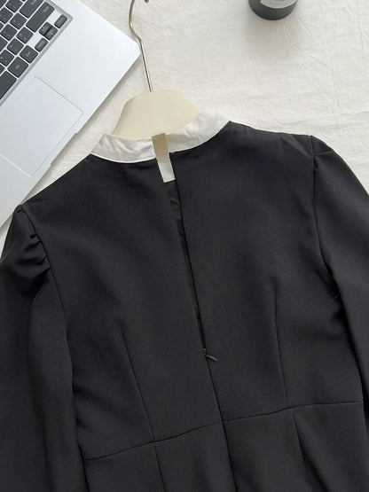 Elegant Evening Dresses for Women Patchwork O-neck Long Sleeves A-line Party Dress Korean Fashion French Retro Vestidos Mujer