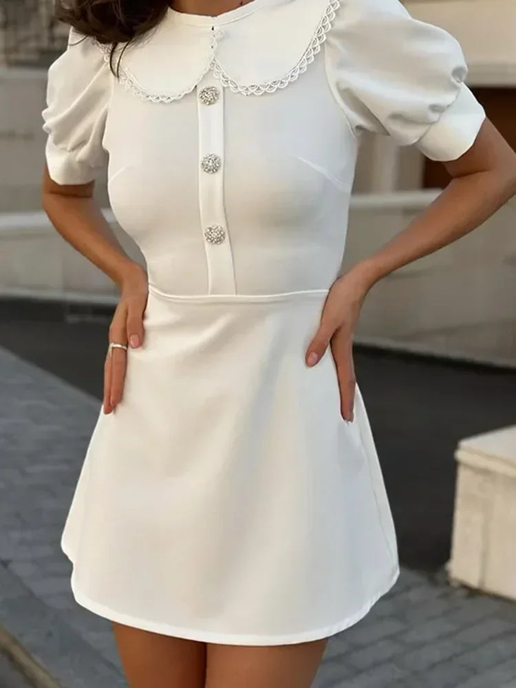 Elegant Slim Mini Dress Women Lace Short Sleeve Doll Collar Button Splice Autumn Fashion Classic Office Dresses Female