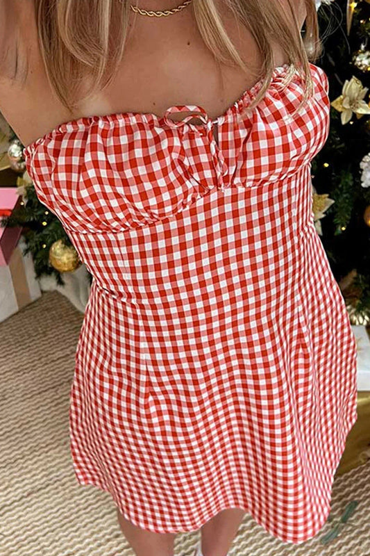 Plaid Slim Fit Mini Dress with Strapless Backless Tie-Up