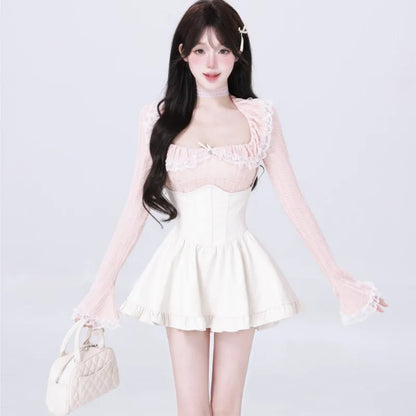 Y2K Two-piece Skirt Set Lace Square Collar Long Sleeve Top High Waist Halter Mini Skirt Korean Fashion Kawaii Sexy Outfits New