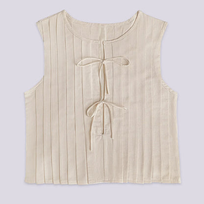Y2K Korean White Linen Cotton Pleated Lace Up Sleeveless Short Shirt Crop Top Blouse Pleated Shirts Clothes