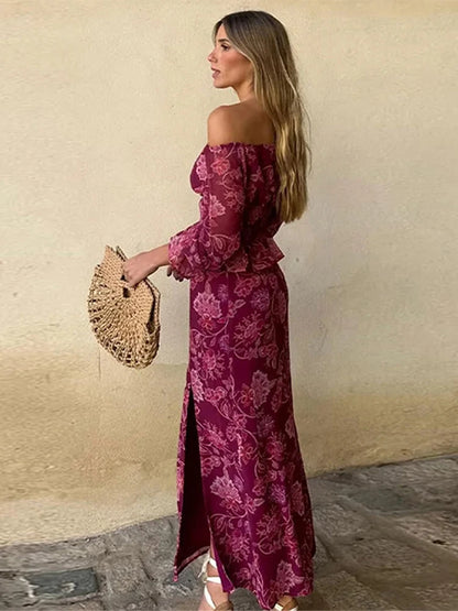 Vintage Print Top Skirt Suits Women One Shoulder Long Sleeve Waist Up Ruffled Hem Tops High Slit Skirt Vacation Beach Outfits
