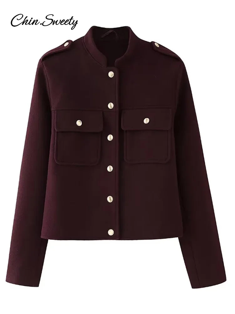 Burgundy Color Woolen Jacket For Women Stand Collar Single Breasted Pocket Thick Short Coat  Autumn Lady Commute Outwear New