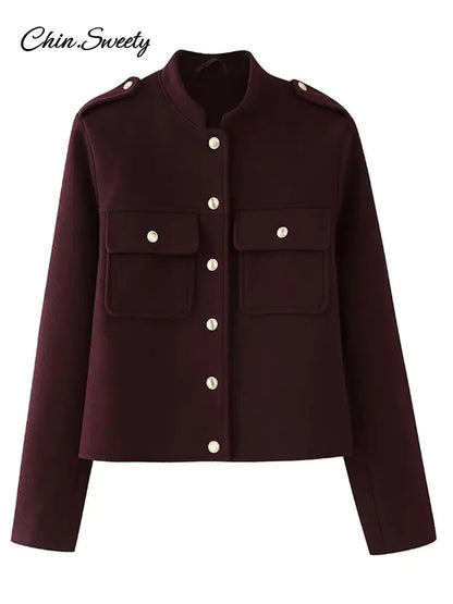 Burgundy Color Woolen Jacket For Women Stand Collar Single Breasted Pocket Thick Short Coat  Autumn Lady Commute Outwear New