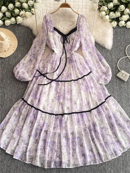 Elegant Floral Printed Midi Dresses for Women Lantern Sleeves Square Collar A-line Birthday Party Dress Autumn New Prom Robe