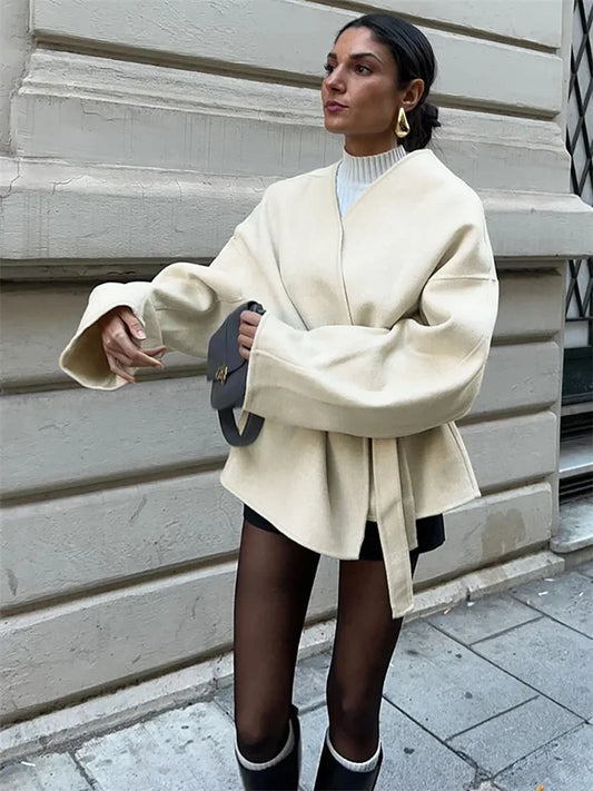 Lace-Up White V-Neck Overcoat Female Loose High Street Long Sleeve Autumn  Patchwork Coat Women&#8217;s Bandage Outwear New