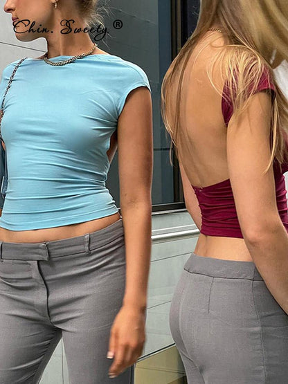 Voguable Cut Out Backless Cropped Top Woman Solid Short Sleeve Skinny Y2K Tops Multi Ways Wear Basic T-shirt