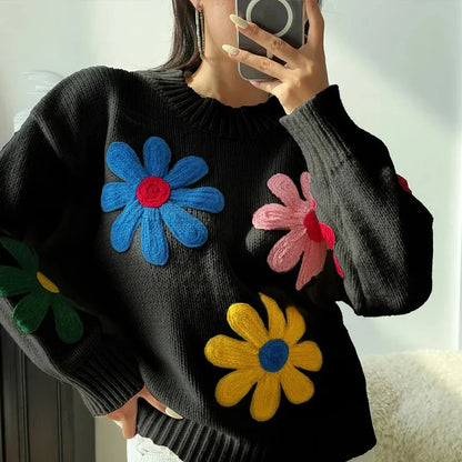Autumn Knitted Women Sweater Sweet Flower Loose Long Sleeve O-neck Female Pullovers 2025 New Casual Loose Ladies Tops Streetwear