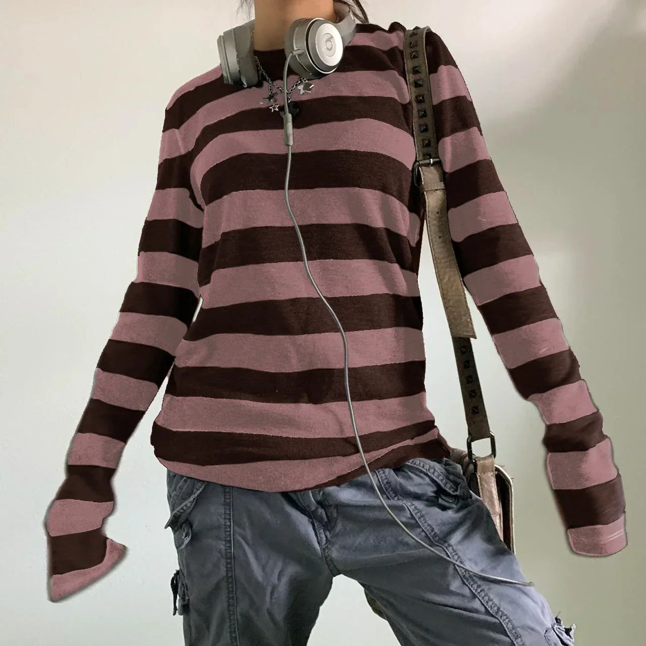 y2k Aesthetic T Shirt  Grey Striped Long Sleeve Tops Gothic E Girl Punk Dark Academia Clothes Streetwear