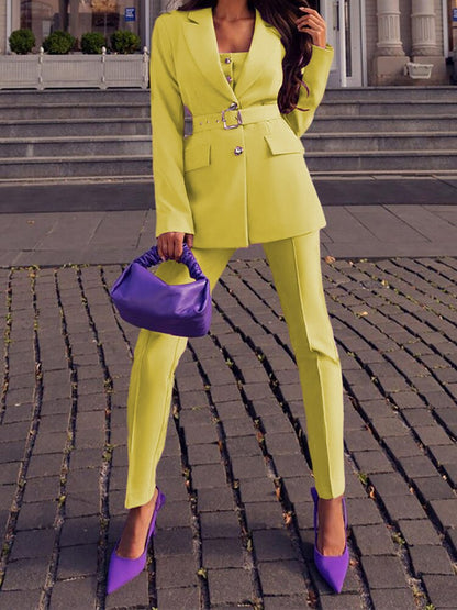 Conjunto de dos piezas de blazer amarillo clásico y pantalón para mujer | Para uso diario