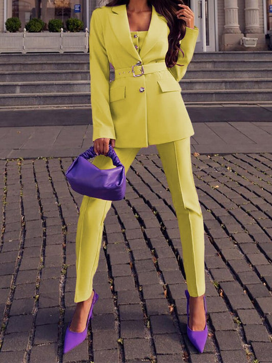Conjunto de dos piezas de blazer amarillo clásico y pantalón para mujer | Para uso diario