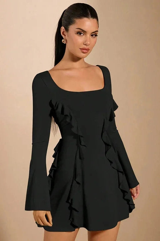 Lace-Up Backless Mini Dress with Patchwork and Flare Sleeves