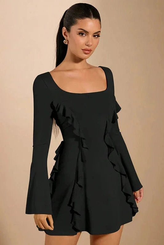 Lace-Up Backless Mini Dress with Patchwork and Flare Sleeves