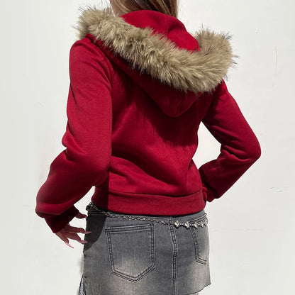 Y2K Fur Trim Hooded Sweatshirt Red Letter Print Zipper Coat with Pocket Women Streetwear Winter 90s Outwear Vintage