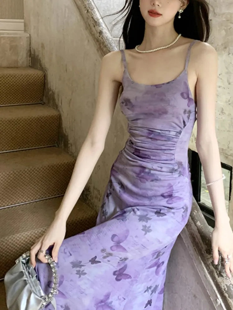 Sexy Printed Long Dresses for Women Mesh Spaghetti Strap Slim A-line Party Dress Summer Korean Fashion One Piece Vestido Mujer