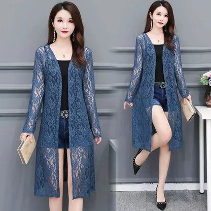 Summer Women Sun Protection Lace Cardigan Mid-length Mesh Shawl Loose Clothing Women Jacket Shirt Outerwear
