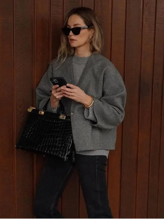 Vintage One Button Woolen Coat Women Gray Loose Long Sleeve V-neck Short Jacket Female Autumn Winter Casual Lady New in Outwears