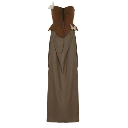 Sexy Women Butterfly Detail Strapless Long Dress Aesthetic Chic Detachable Corset Top Vintage Elegant Maxi Dresses