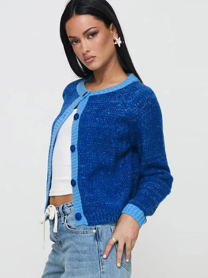 Casual Knitted Single-Breasted Cardigan Women Loose Contrast Color O-neck Pullover Sweaters Female Autumn Chic Street Tops