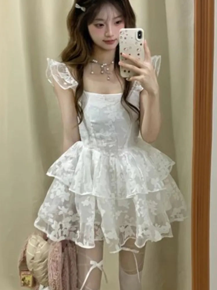 Elegant Princess Party White Dress Sleeveless Summer New Y2K Ruffles A-line Short Dresses for Women Korean One Piece Vestido