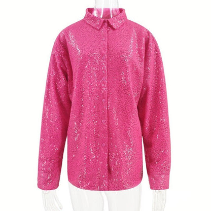 Turn-down Collar Long Sleeve FeY2k Shirts Dresses Glitter Sequins Party Shirt Dress Streetwear Clothes