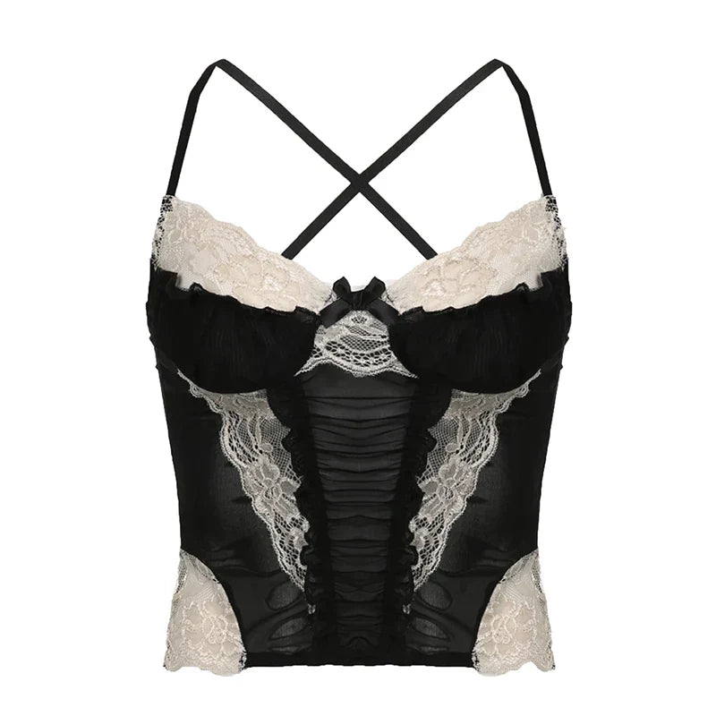 Voguable  y2k Lace Patchwork Purple Coquette Mesh Corset Backless Criss-cross Halter Camis Sweet Aesthetic Crop Top