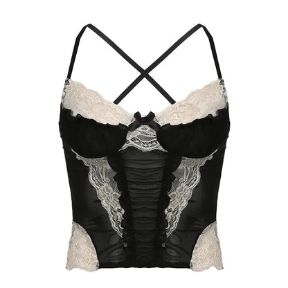 Voguable  y2k Lace Patchwork Purple Coquette Mesh Corset Backless Criss-cross Halter Camis Sweet Aesthetic Crop Top