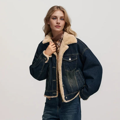 Denim Jacket Women Patchwork Imitation Rabbit Fur Lapel Loose  New Winter Quilted Jacket