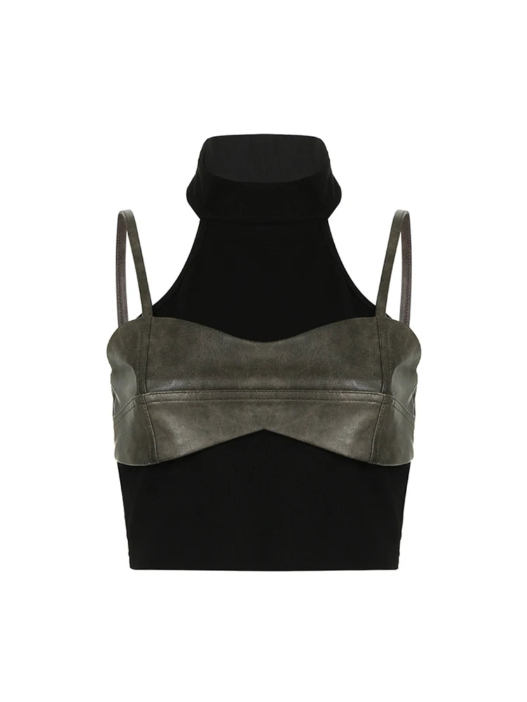 PU Leather Contrast Patchwork Sleeveless Turtleneck Gothic Tank Vest Top Women Punk Style Slim Rave Baddie Streetwear Crop Tops