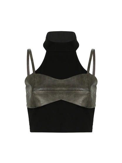 PU Leather Contrast Patchwork Sleeveless Turtleneck Gothic Tank Vest Top Women Punk Style Slim Rave Baddie Streetwear Crop Tops
