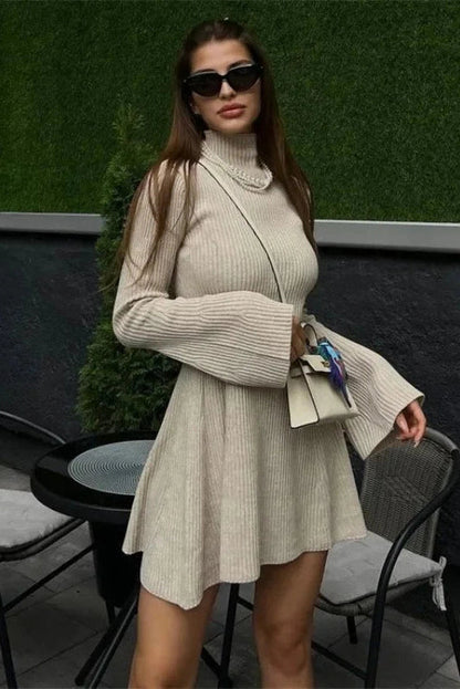 A-Line Mini Dress with Long Sleeves and High Waist