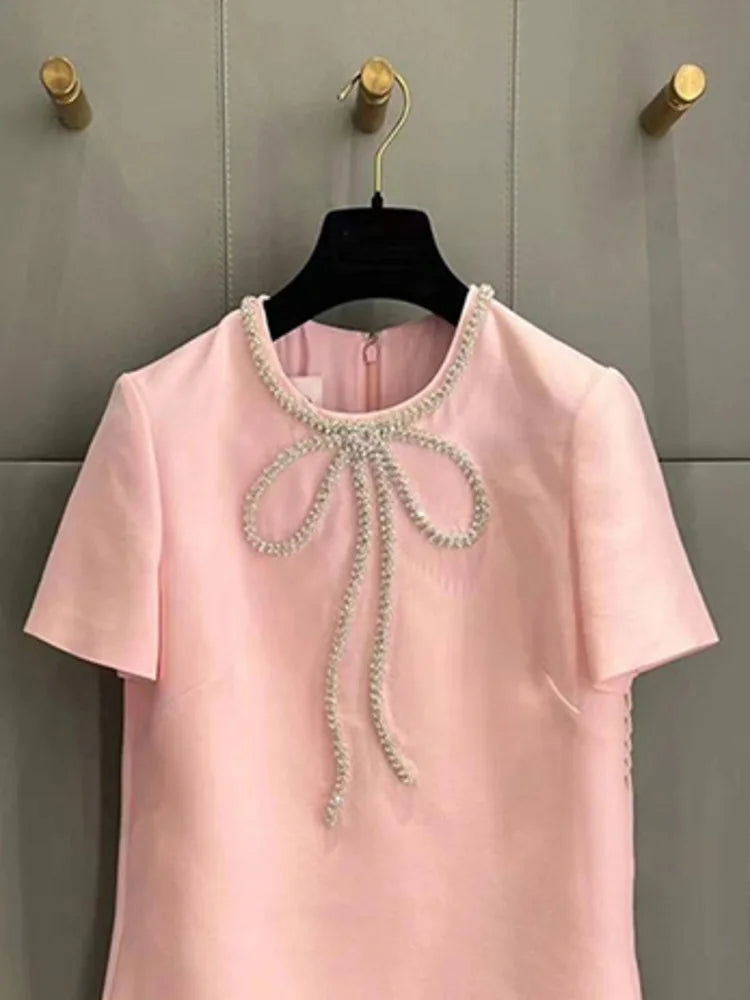 Fashion Short Dress Hotsweet Diamond Beading Bow Solid Color O Neck Elegant A-line Dresses Women 2025 Spring Summer 23A9653