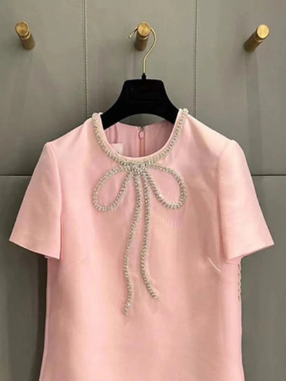 Fashion Short Dress Hotsweet Diamond Beading Bow Solid Color O Neck Elegant A-line Dresses Women 2025 Spring Summer 23A9653