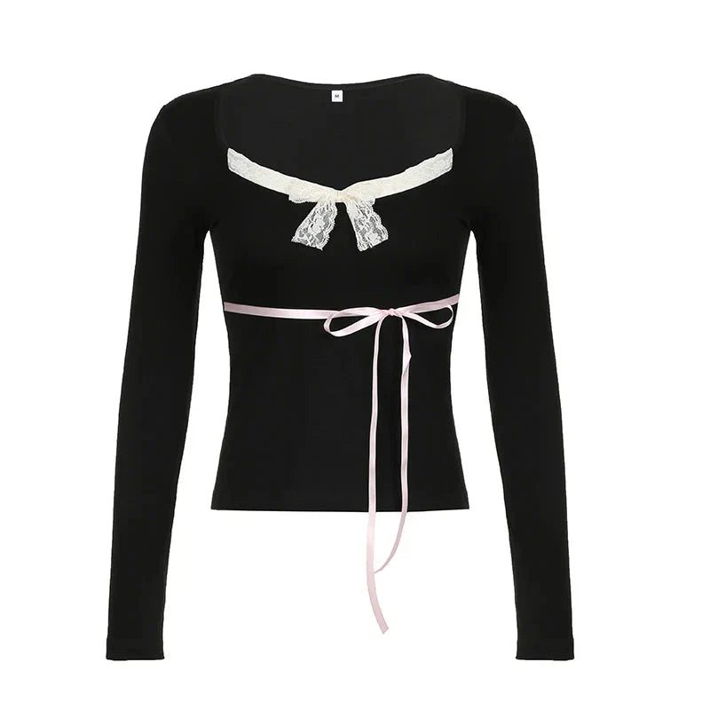 Contrast Lace Bow Cropped Top Sweet Coquette Square Collar T Shirts Black Casual Full Sleeve Tee y2k Aesthetic Lady
