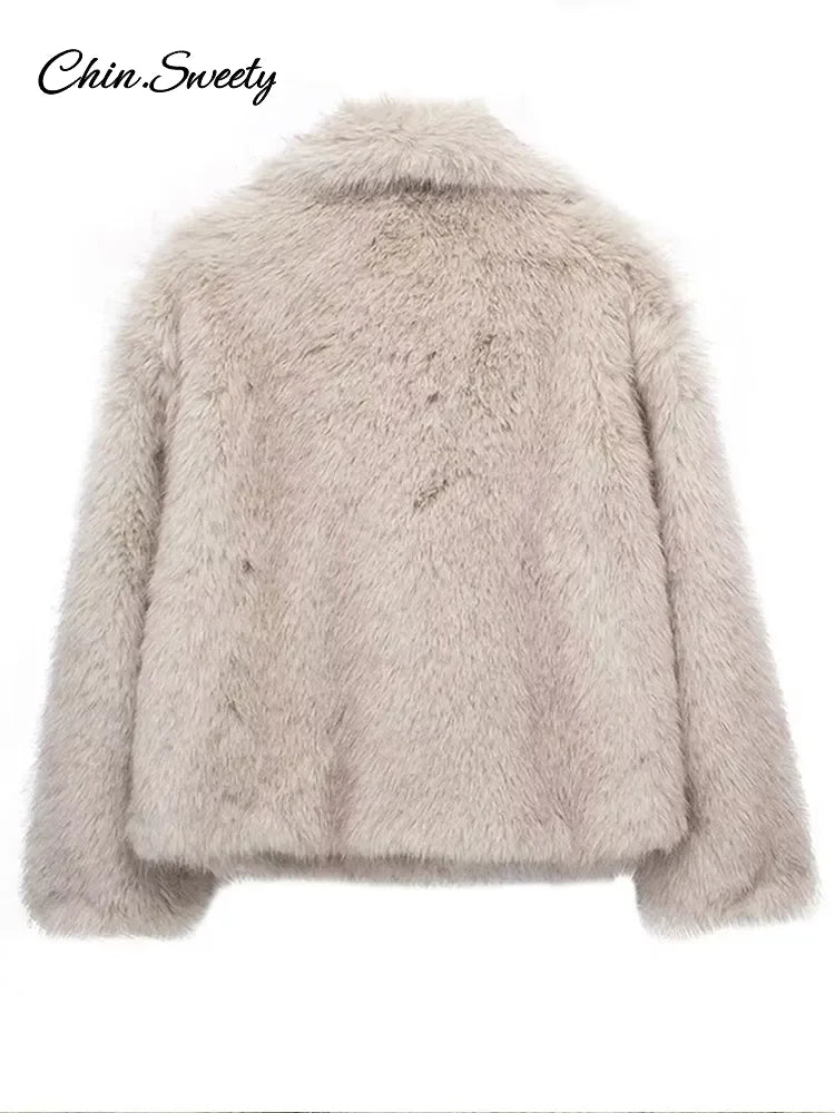Winter Gradient Faux Fur Coat Women Luxury Big Fur Collar Pockets Loose Jacket Female  Fashion Lady High Street Overcoats