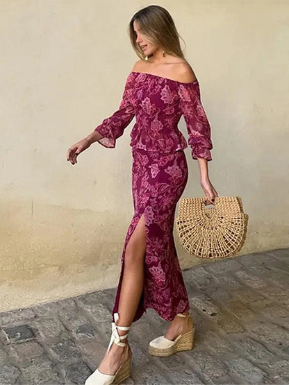 Vintage Print Top Skirt Suits Women One Shoulder Long Sleeve Waist Up Ruffled Hem Tops High Slit Skirt Vacation Beach Outfits