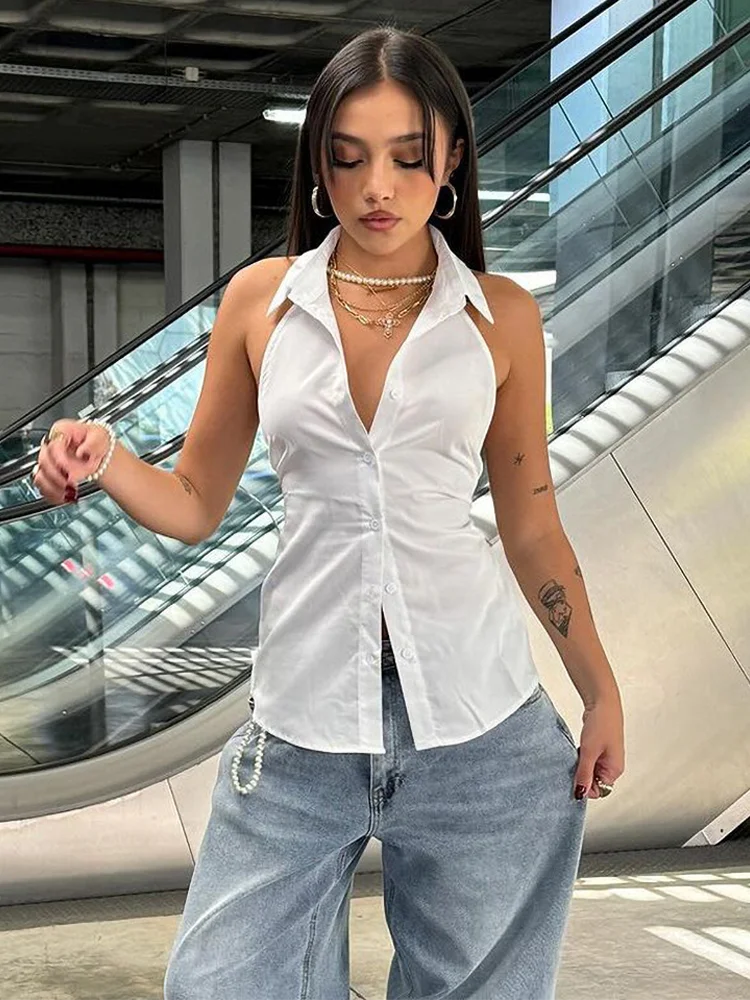 POLO Lapel Buttons Shirt Vest Backless Lacing Women's Clothing Halter Solid Tops For Female Versatile 2024 Summer Clothes