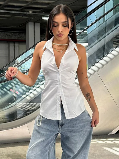 POLO Lapel Buttons Shirt Vest Backless Lacing Women's Clothing Halter Solid Tops For Female Versatile 2024 Summer Clothes