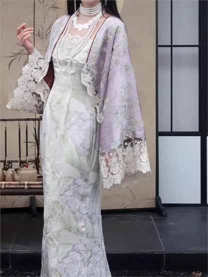 New Chinese Style Women’s Two-piece Dress Set Lace Patchwork Cardigan Spaghetti Strap Lace-up Long Dress Vintage Female Suit