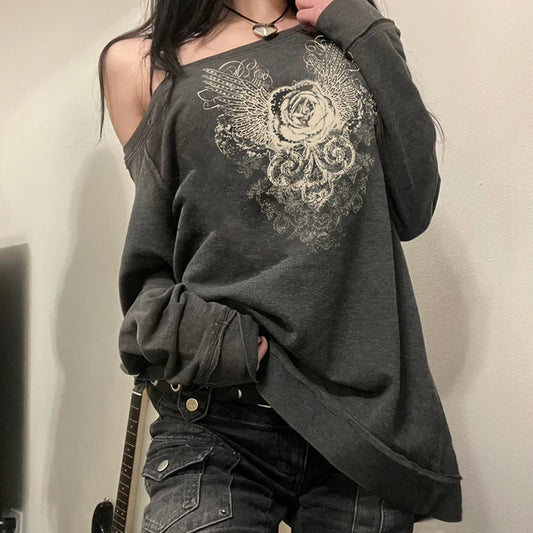 Women Graphic Print Slanted Collar Pullovers Y2K Street Outfits Harajuku Fashion Sweatshirt Grunge Style Retro Top