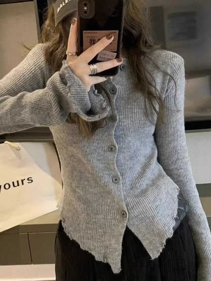 Autumn Hotsweet Long Sleeve Single Breasted Ladies Cardigans Women Gyaru Solid Color Knitting Casual O-Neck Sexy Sweater