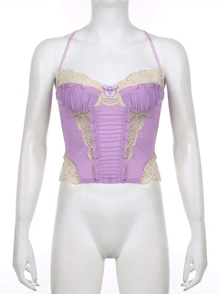 Voguable  y2k Lace Patchwork Purple Coquette Mesh Corset Backless Criss-cross Halter Camis Sweet Aesthetic Crop Top