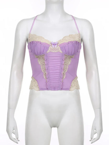 Voguable  y2k Lace Patchwork Purple Coquette Mesh Corset Backless Criss-cross Halter Camis Sweet Aesthetic Crop Top