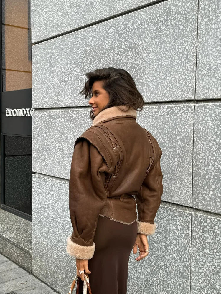 Fashion Warm Furry Leather Woman Jacket With Belt Chic Lapel Long Sleeve Motorcycle Coat Lady 2024 Winter High Street Outerwear