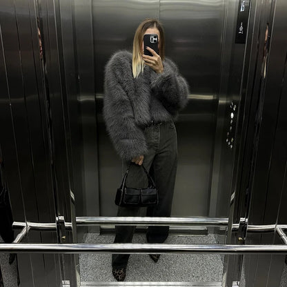 Street Fashion Girls Gray Fluffy Short Faux Fox Fur Jacket Women Winter  Hot Brand Thick Warm Eco Fur Coat Female
